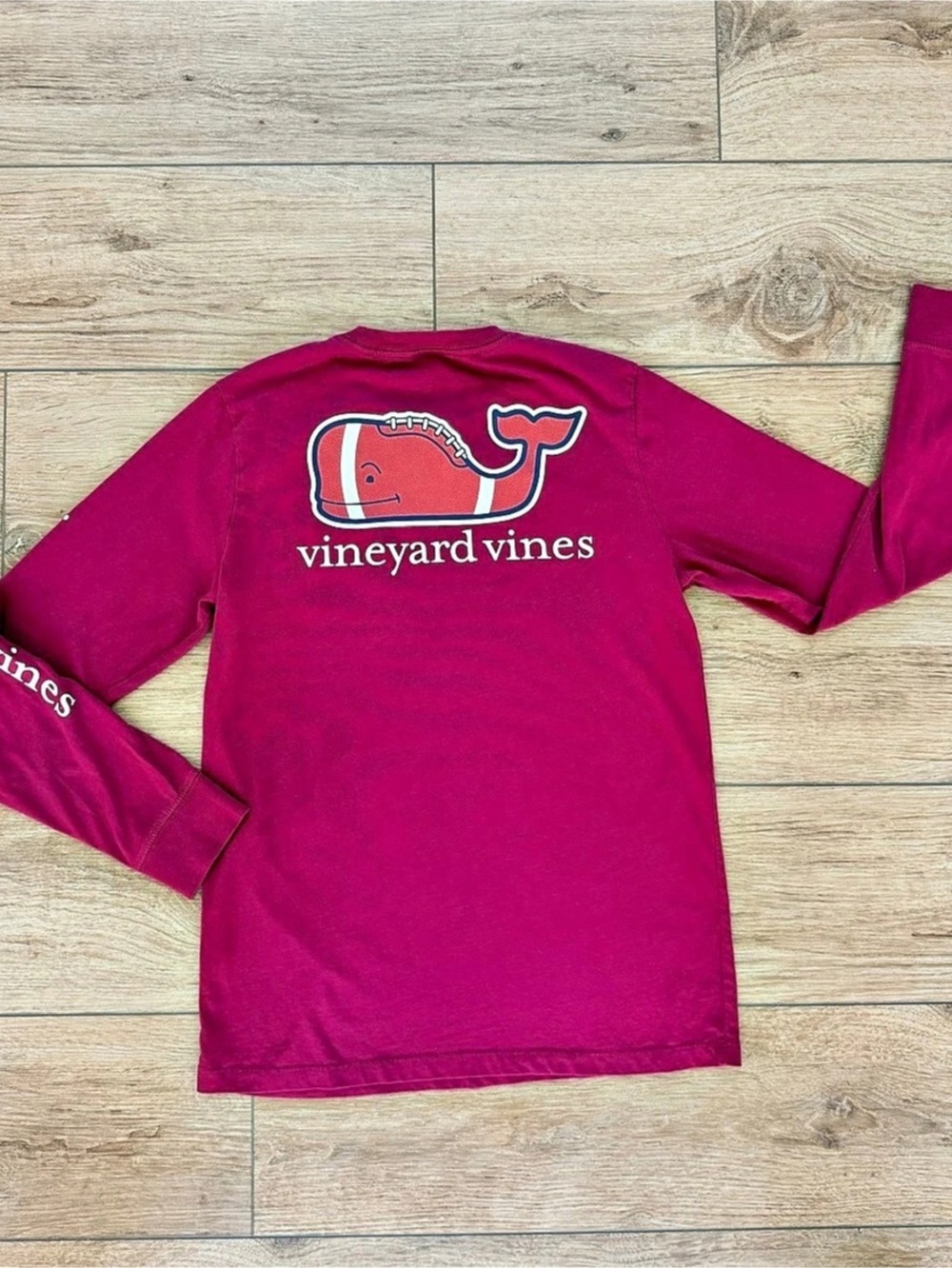 vineyard vines Football Whale Long Sleeve Pocket Tee Maroon (Youth Large)